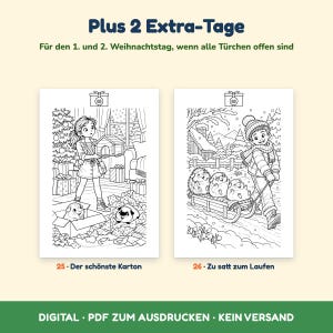 May include: Two black and white colouring pages titled Plus 2 Extra-Tage. Page 25 shows a person holding a small house near a Christmas tree with guinea pigs in boxes. Page 26 shows a person pulling a sled with three guinea pigs in a snowy landscape.