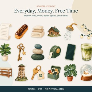 Op de afbeelding: Een digitale stickerset getiteld Everyday, Money, Free Time met illustraties van een rol papier, eclair, kussens, huis, douchekop, lichtsnoer, plant, sleutel, stenen, tapehouder, smartphone, matcha, bankje, toren, huissleutel, doos, plant en sneeuwbol.