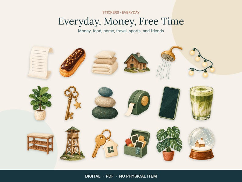 Op de afbeelding: Een digitale stickerset getiteld Everyday, Money, Free Time met illustraties van een rol papier, eclair, kussens, huis, douchekop, lichtsnoer, plant, sleutel, stenen, tapehouder, smartphone, matcha, bankje, toren, huissleutel, doos, plant en sneeuwbol.