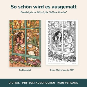 K&ouml;nnte beinhalten: Ein digitales Ausmalset mit zwei Illustrationen von zwei Personen an einem Caf&eacute;tisch am Fenster. Das linke Bild ist in warmen Herbstt&ouml;nen koloriert, w&auml;hrend das rechte Bild eine schwarz-wei&szlig;e Strichzeichnung zum Ausmalen darstellt.