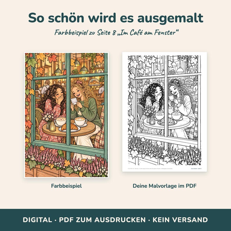 K&ouml;nnte beinhalten: Ein digitales Ausmalset mit zwei Illustrationen von zwei Personen an einem Caf&eacute;tisch am Fenster. Das linke Bild ist in warmen Herbstt&ouml;nen koloriert, w&auml;hrend das rechte Bild eine schwarz-wei&szlig;e Strichzeichnung zum Ausmalen darstellt.