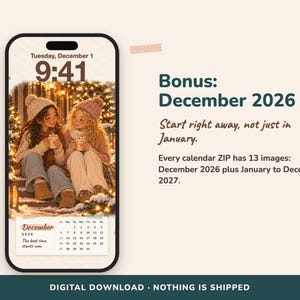Pode incluir: Um smartphone exibindo um papel de parede de calend&aacute;rio digital com duas pessoas em trajes de inverno segurando canecas. A tela mostra ter&ccedil;a-feira, 1 de dezembro, 9:41, e um calend&aacute;rio de dezembro de 2026. Texto: Bonus: December 2026, Start right away.