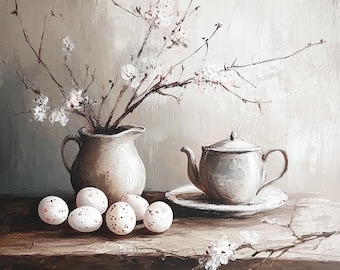 Cuadros rústicos de Pascua – Pintura al óleo vintage con huevos pintados y tetera – 5 piezas en formato 4:5 – Descarga digital