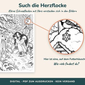 May include: A black and white coloring page featuring a winter forest scene with a deer, a squirrel, and a person taking a photograph. The text reads: Such die Herzflocke, Kleine Schneeflocken mit Herz verstecken sich in den Bildern, Hier ist eine, auf dem Futterh&auml;uschen. Wie viele findest du?, DIGITAL &middot; PDF ZUM AUSDRUCKEN &middot; KEIN VERSAND.