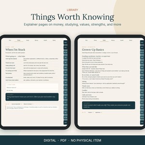 Op de afbeelding: Een digitale planner weergegeven op twee tabletschermen met de titel Things Worth Knowing. De linkerpagina toont een sectie getiteld When I'm Stuck met advies, terwijl de rechterpagina Grown-Up Basics weergeeft met professionele tips.