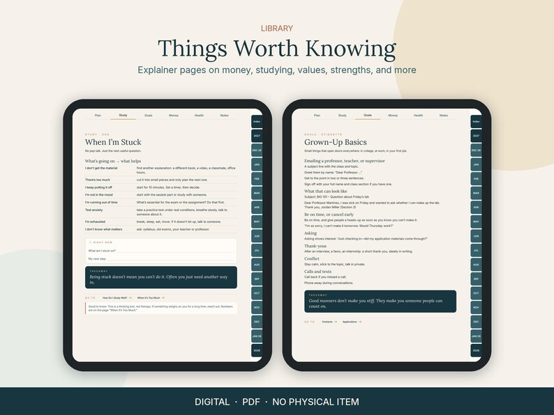 Op de afbeelding: Een digitale planner weergegeven op twee tabletschermen met de titel Things Worth Knowing. De linkerpagina toont een sectie getiteld When I'm Stuck met advies, terwijl de rechterpagina Grown-Up Basics weergeeft met professionele tips.