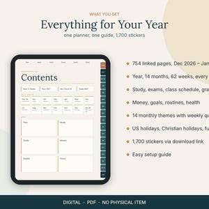 Op de afbeelding: Een digitale planner weergegeven op een tabletscherm met een inhoudspagina met tabbladen, naast een lijst met functies waaronder 754 gelinkte pagina's van dec. 2026 tot jan. 2028, 1.700 stickers en een eenvoudige installatiegids.