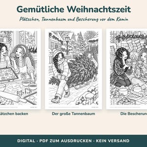 May include: Three black and white coloring pages featuring holiday scenes. The first shows two people baking cookies, the second shows people pulling a Christmas tree on a sled, and the third shows people with gifts and snow globes by a fireplace.