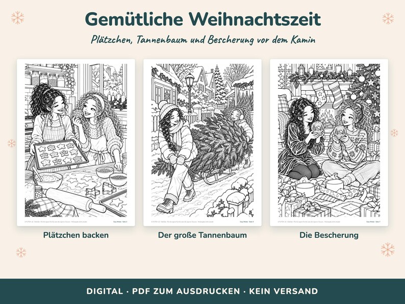 May include: Three black and white coloring pages featuring holiday scenes. The first shows two people baking cookies, the second shows people pulling a Christmas tree on a sled, and the third shows people with gifts and snow globes by a fireplace.