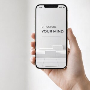 May include: A smartphone displays the text "STRUCTURE YOUR MIND" over a minimalist white 3D design. The phone is held in a hand against a blurred white background. The time 09:41 is visible on the phone's screen.
