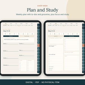 Op de afbeelding: Twee digitale tabletschermen met een weekplanner-indeling getiteld Every Week Plan and Study. De interface toont 9-15 mei 2027, met secties voor to-do's, boodschappen, focus en studietaken, georganiseerd met navigatietabbladen aan de zijkant.