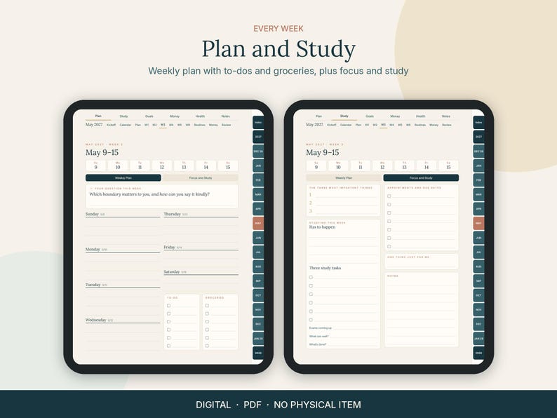 Op de afbeelding: Twee digitale tabletschermen met een weekplanner-indeling getiteld Every Week Plan and Study. De interface toont 9-15 mei 2027, met secties voor to-do's, boodschappen, focus en studietaken, georganiseerd met navigatietabbladen aan de zijkant.