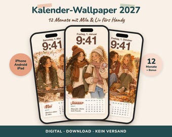 Kalender-Wallpaper 2027 fürs Handy, 12 Monate mit Mila und Liv, iPhone Android iPad