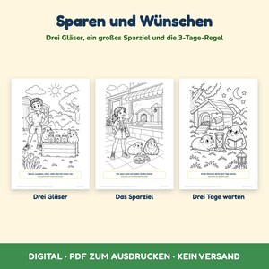 以下が含まれることがあります： ドイツ語のテキストが記載された、子供とモルモットが描かれた3枚の印刷可能な塗り絵ページ。ページには「Sparen und W&uuml;nschen」「Drei Gl&auml;ser」「Das Sparziel」「Drei Tage warten」というタイトルが付いています。イラストは、貯金、買い物、待つことのシーンを描いており、教育目的でデザインされています。