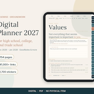 Op de afbeelding: Een digitale planner 2027 voor middelbare school, college en beroepsonderwijs weergegeven op een tabletscherm. De interface toont een pagina met de titel Values met tekst, navigatietabs aan de rechterkant en labels voor 754 pagina's, 41.000+ links en 1.700 stickers.