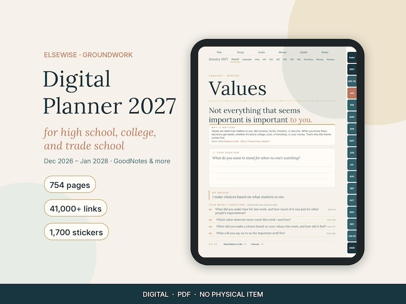 Op de afbeelding: Een digitale planner 2027 voor middelbare school, college en beroepsonderwijs weergegeven op een tabletscherm. De interface toont een pagina met de titel Values met tekst, navigatietabs aan de rechterkant en labels voor 754 pagina's, 41.000+ links en 1.700 stickers.