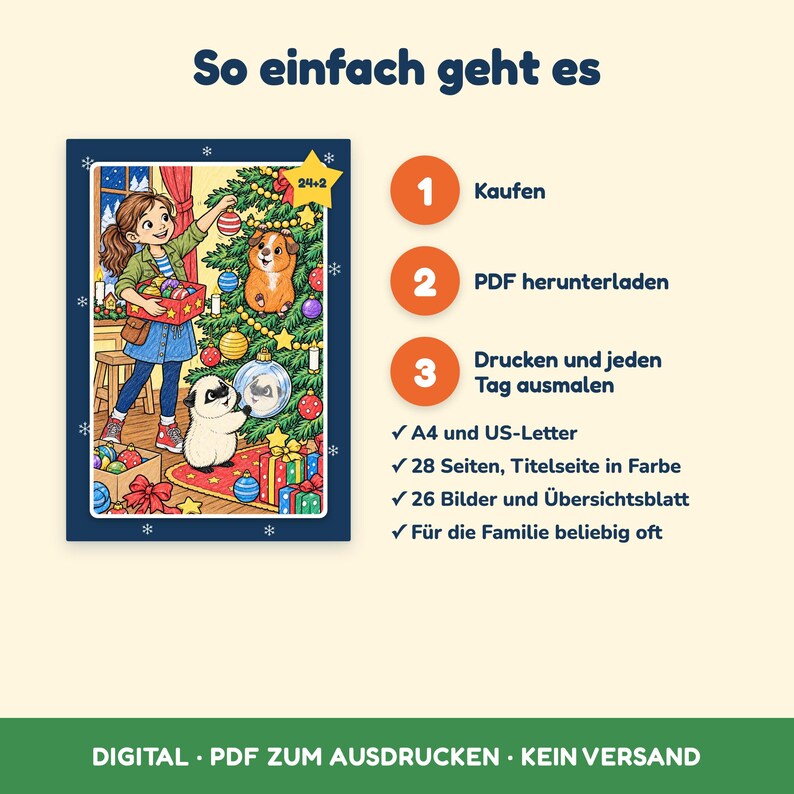 May include: A digital colouring book guide titled So einfach geht es, featuring a cartoon illustration of a person decorating a Christmas tree with a guinea pig and a cat. The graphic includes a numbered list, checkmarks, and text in German.