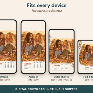 Pode incluir: Download digital com quatro pap&eacute;is de parede para dispositivos com calend&aacute;rio de outubro de 2027. A ilustra&ccedil;&atilde;o mostra duas pessoas em um campo de outono com ab&oacute;boras. Texto: Fits every device, four sizes in one download, October 2027, Collect the little moments, iPhone 1320 x 2868, Android 1440 x 3200, older phones 1080 x 1920 e iPad & tablet 2048 x 2732.