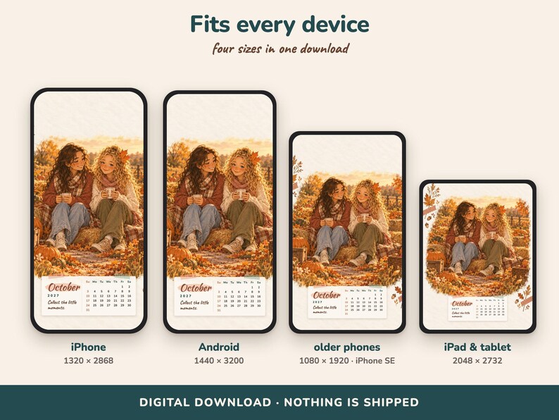 Pode incluir: Download digital com quatro pap&eacute;is de parede para dispositivos com calend&aacute;rio de outubro de 2027. A ilustra&ccedil;&atilde;o mostra duas pessoas em um campo de outono com ab&oacute;boras. Texto: Fits every device, four sizes in one download, October 2027, Collect the little moments, iPhone 1320 x 2868, Android 1440 x 3200, older phones 1080 x 1920 e iPad & tablet 2048 x 2732.