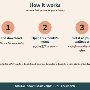 Pode incluir: Um gr&aacute;fico instrutivo intitulado How it works on your lock screen in two minutes. Apresenta tr&ecirc;s c&iacute;rculos cor de p&ecirc;ssego numerados com os passos: 1. Buy and download five ZIPs, 2. Open this month's image, 3. Set it as your wallpaper. Inclui texto sobre guias em PDF e download digital.