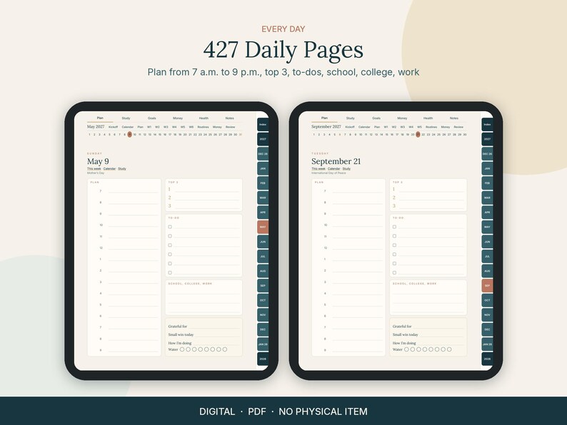 Op de afbeelding: Een digitale planner op twee schermen met 427 dagpagina's, planningen van 07:00 tot 21:00 uur, top 3 taken, to-do lijsten en secties voor school, universiteit en werk. De interface bevat maandkalenders en tabbladen.