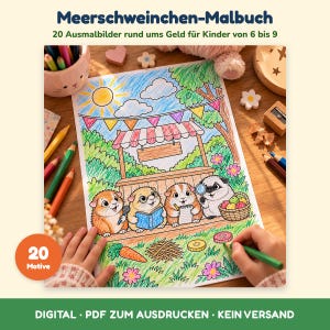 以下が含まれることがあります： Meerschweinchen-Malbuchというタイトルの塗り絵ページ。庭の市場の屋台、太陽、雲、花の中に4匹のモルモットが描かれています。イラストには、マイク、本、メモ帳、虫眼鏡を持ったモルモットが含まれています。