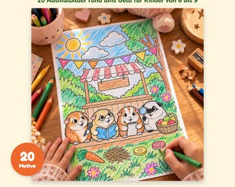 Meerschweinchen Malbuch Kinder PDF, 20 Ausmalbilder Geld lernen, Malvorlagen zum Ausdrucken, Deutsch Englisch 6–9 Jahre