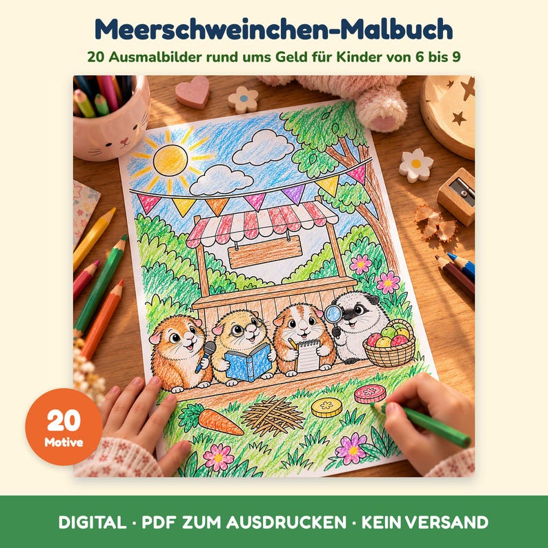 以下が含まれることがあります： Meerschweinchen-Malbuchというタイトルの塗り絵ページ。庭の市場の屋台、太陽、雲、花の中に4匹のモルモットが描かれています。イラストには、マイク、本、メモ帳、虫眼鏡を持ったモルモットが含まれています。