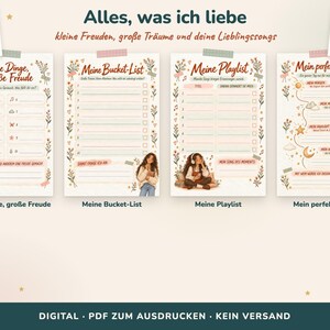 May include: Four printable journal pages titled Alles, was ich liebe, Kleine Dinge, gro&szlig;e Freude, Meine Bucket-List, Meine Playlist, and Mein perfekter Tag. Each page features floral borders, numbered lists, and illustrations of a person.