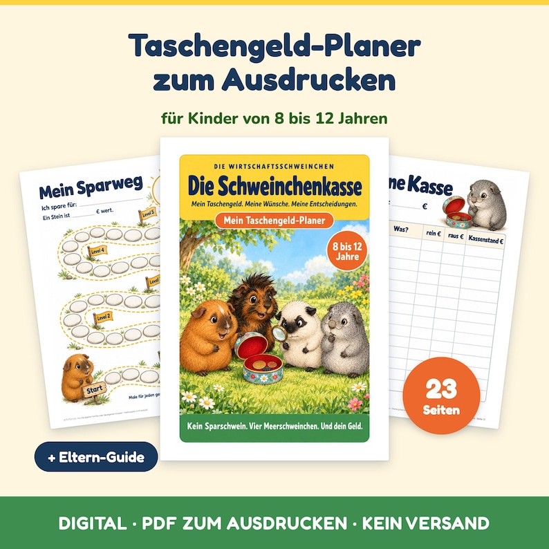 Puede incluir: Un planificador de dinero de bolsillo imprimible para ni&ntilde;os de 8 a 12 a&ntilde;os, con tres p&aacute;ginas ilustradas con cobayas. La portada muestra cuatro cobayas en un jard&iacute;n con el texto Die Schweinchenkasse y Mein Taschengeld-Planer.