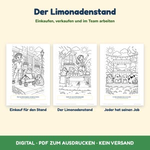 以下が含まれることがあります： レモネードスタンドを運営するモルモットを描いた3枚の白黒塗り絵ページ。テキストには「Der Limonadenstand」、「Einkauf f&uuml;r den Stand」、「Der Limonadenstand」、「Jeder hat seinen Job」が含まれており、各ドイツ語フレーズの下に英語の翻訳が記載されています。