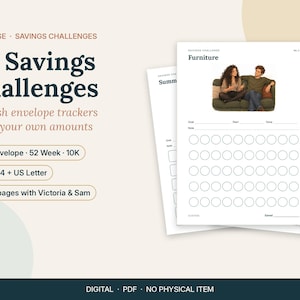 Könnte beinhalten: Ein Set aus 50 Spar-Challenge-Trackern für Bargeldumschläge in den Formaten A6, A4 und US Letter. Die Seiten enthalten Geschichten mit Victoria und Sam, Zeilen zur Zielverfolgung und Reihen leerer Kreise zum Eintragen der Sparbeträge.