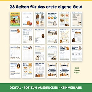 Puede incluir: Un conjunto digital de 23 p&aacute;ginas PDF imprimibles titulado 23 Seiten f&uuml;r das erste eigene Geld, que incluye cobayas ilustradas, tablas de seguimiento financiero, objetivos de ahorro, listas de tareas y certificados de gesti&oacute;n.
