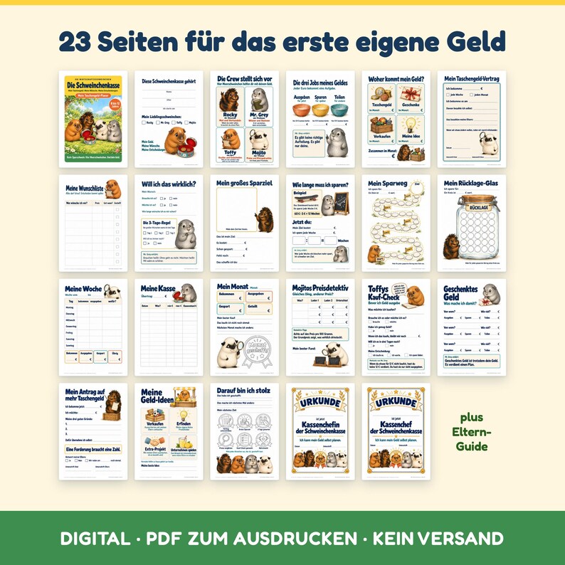 Puede incluir: Un conjunto digital de 23 p&aacute;ginas PDF imprimibles titulado 23 Seiten f&uuml;r das erste eigene Geld, que incluye cobayas ilustradas, tablas de seguimiento financiero, objetivos de ahorro, listas de tareas y certificados de gesti&oacute;n.