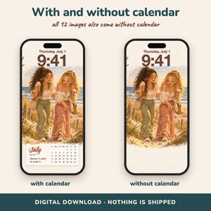 Pode incluir: Duas telas de smartphone exibindo um papel de parede digital de duas pessoas caminhando em uma praia. A tela esquerda inclui um calend&aacute;rio de julho de 2027 com o texto 'July 2027 Summer is what we make it.' A tela direita mostra o papel de parede sem calend&aacute;rio.