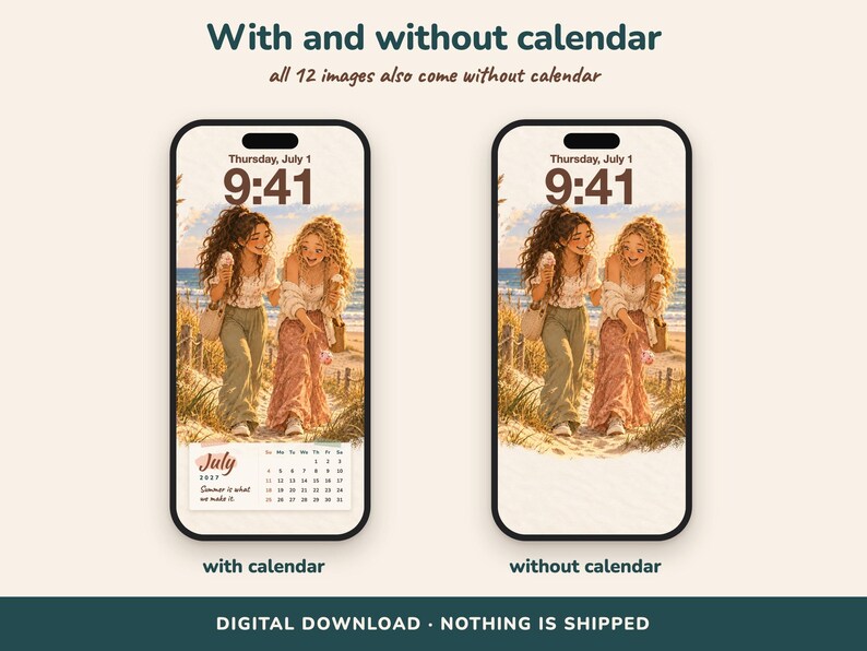 Pode incluir: Duas telas de smartphone exibindo um papel de parede digital de duas pessoas caminhando em uma praia. A tela esquerda inclui um calend&aacute;rio de julho de 2027 com o texto 'July 2027 Summer is what we make it.' A tela direita mostra o papel de parede sem calend&aacute;rio.