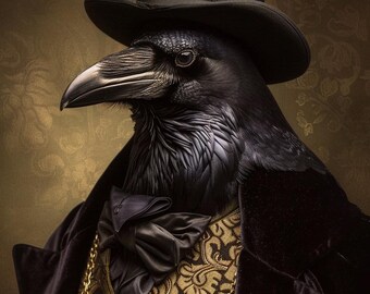 Conjunto de 5 retratos de cuervos góticos para pared – Decoración victoriana de estilo oscuro – Imprimible de cuervo de estilo antiguo – Descarga digital de Moody