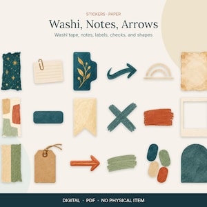 Op de afbeelding: Een digitale collectie van washi-tape, notities, pijlen, labels, vinkjes en vormen met diverse texturen en kleuren zoals petrol, terracotta en beige. De tekst luidt: STICKERS PAPER Washi, Notes, Arrows Washi tape, notes, labels, checks, and shapes DIGITAL PDF NO PHYSICAL ITEM.