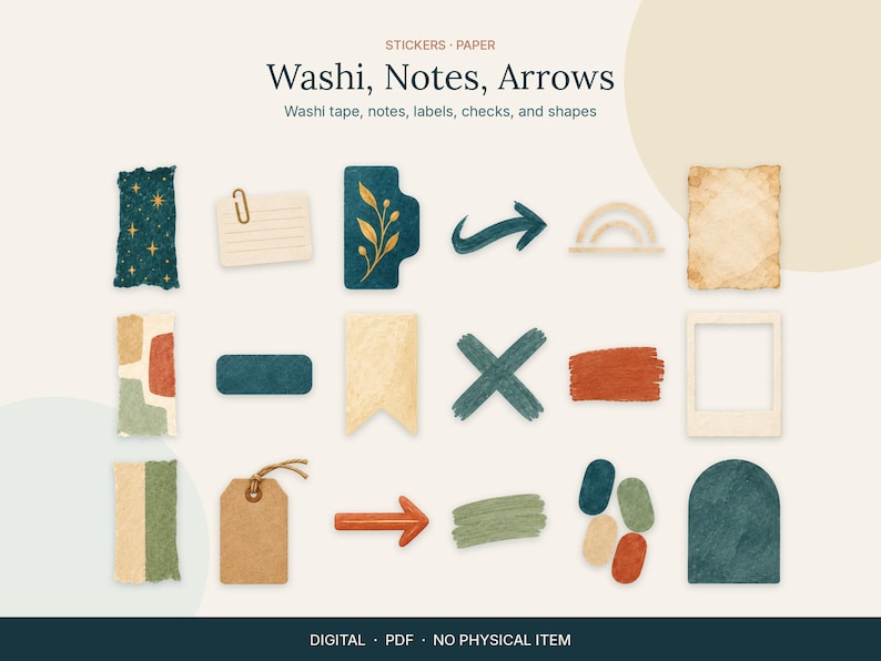 Op de afbeelding: Een digitale collectie van washi-tape, notities, pijlen, labels, vinkjes en vormen met diverse texturen en kleuren zoals petrol, terracotta en beige. De tekst luidt: STICKERS PAPER Washi, Notes, Arrows Washi tape, notes, labels, checks, and shapes DIGITAL PDF NO PHYSICAL ITEM.