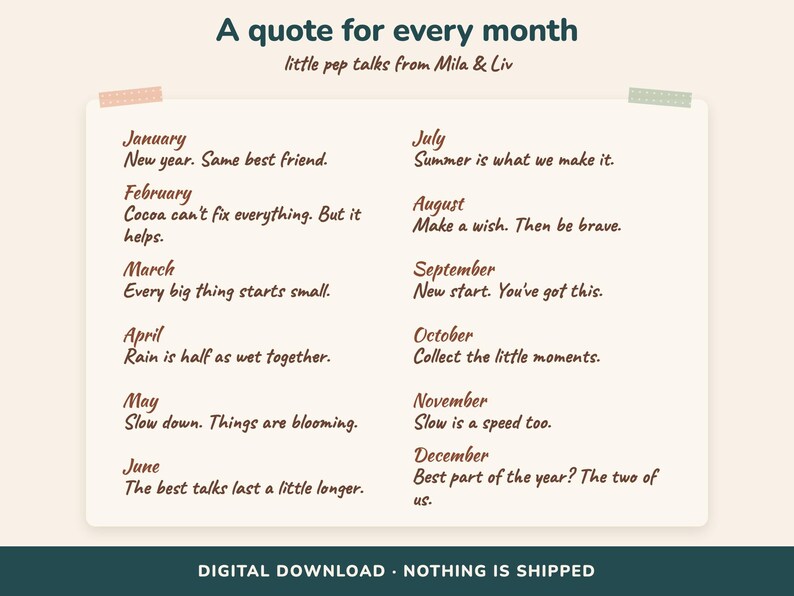 Pode incluir: Uma impress&atilde;o retangular cor de creme intitulada A quote for every month, little pep talks from Mila & Liv. Lista doze meses com frases inspiradoras curtas em escrita castanha, fixada com dois pequenos peda&ccedil;os de fita nos cantos.