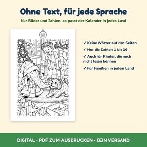 May include: A black and white colouring page featuring a child, a dog pulling on a Santa Claus figure's beard, and Christmas gifts. The page is labelled with the number 20 inside a circular ornament. Text on the right lists features in German.