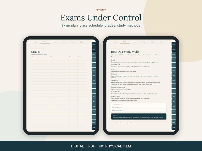 Op de afbeelding: Een digitale studieplanner weergegeven op twee tabletschermen. Het linkerscherm toont een pagina voor cijferregistratie. Het rechterscherm toont een gids getiteld How Do I Study Well? met studiemethoden en een donkerblauw tekstvak onderaan.
