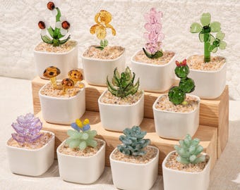 Handmade Glass Succulents, Glass Potted Plants, Glass Flowers, Cactus Lover, Glass Flowers for Desk,Stained glass,farewell gift for coworker