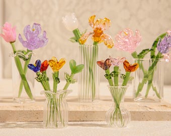 Mini Glass Flower Decor, Handmade Birth Month Flowers,tulip,Daisy,Lily,Mini Glass Plant,Birthday gift,Unique Gifts for her,Graduation Gifts