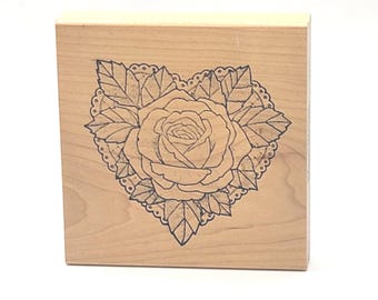 Large Doily Lace HEART with ROSE Rubber Stamp valentines love romance