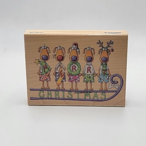 Merry Christmas Sled with Cartoon Dogs Rubber Stamp Amy Bradley design
