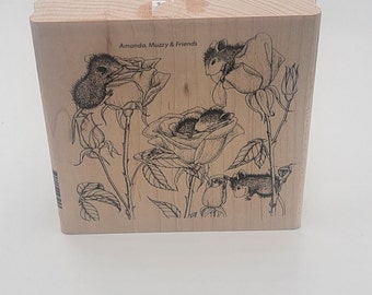 Retired House Mouse Wood Mounted Rubber Stamp Rose Play Amanda Muzzy Friends Flowers