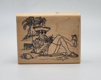 Vacationing Man Iced Drink Sunglasses Rubber Stamp Beach Lounger Chair Palm Trees Shells Hat Sandals