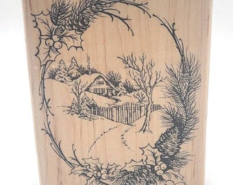 Stampendous Christmas Cottage Card Front Holly Pine Cone Frame Rubber Stamp Snowy Scene
