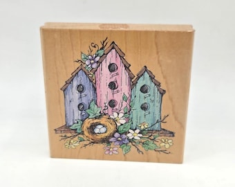 Three Home Bird Nest with Eggs Birdhouses Flowers Rubber Stamp springtime